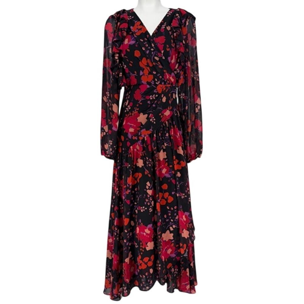 Fairycore Floral Maxi Dress M Boho Wedding Guest Chiffon Wrap Sheer Long Sleeve